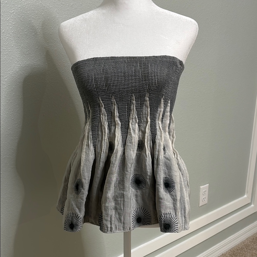 Gray Strapless Smocked Top with Sunburst Design